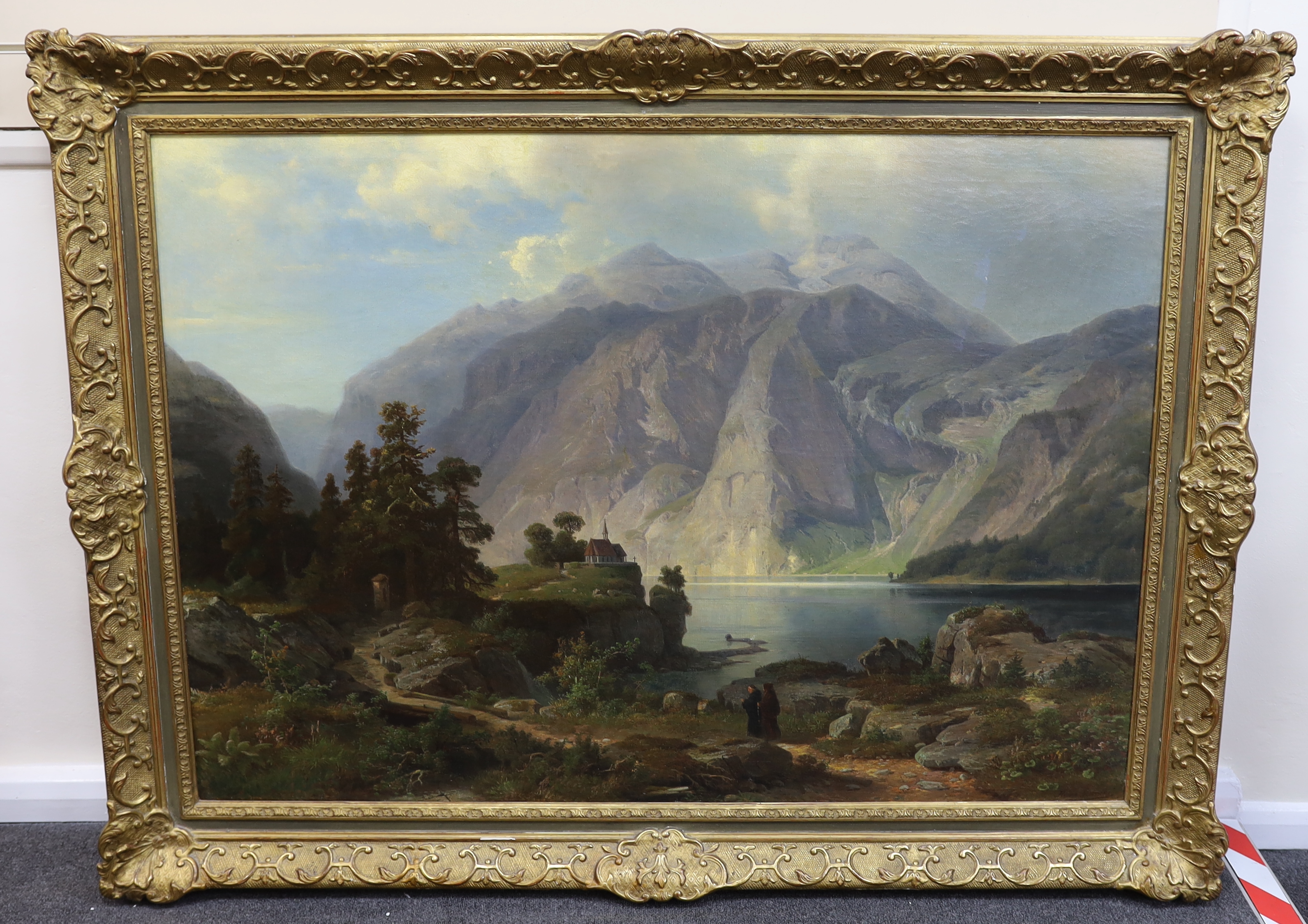 Heinrich Steinike (German, 1825-1909), Extensive mountain lake landscape, oil on canvas, 87 x 124cm